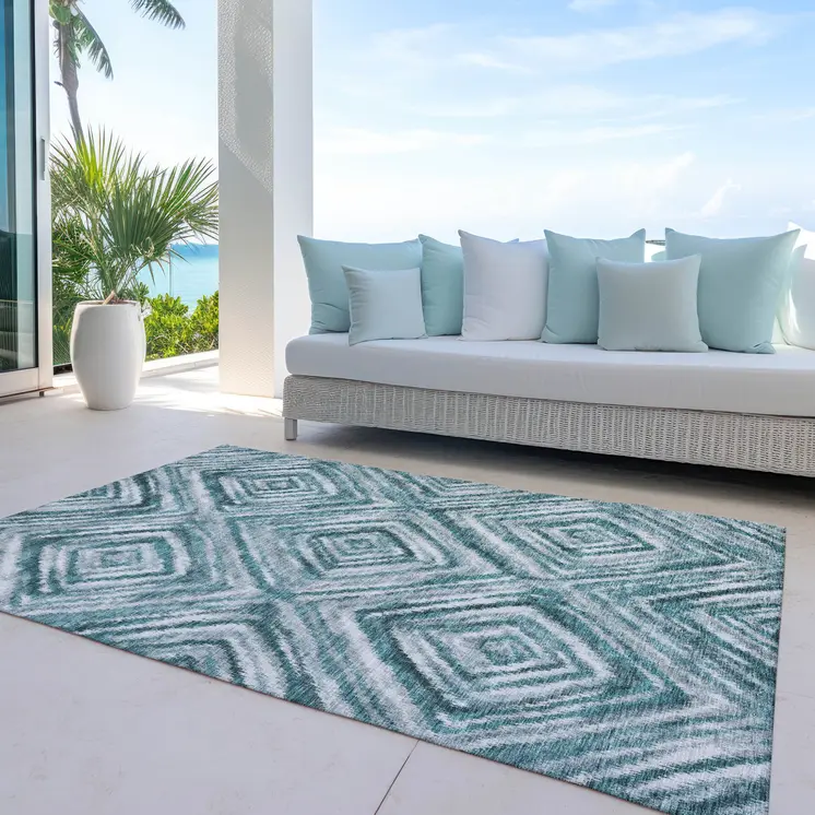 8' X 10' Teal Blue Aqua And Gray Geometric Washable Indoor Outdoor Area Rug