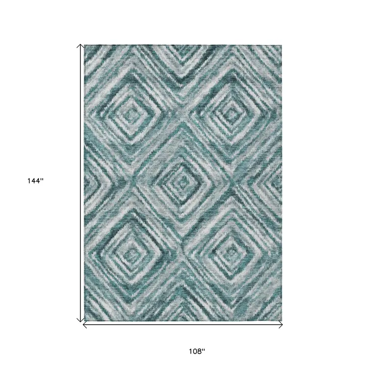 9' X 12' Teal Blue Aqua And Gray Geometric Washable Indoor Outdoor Area Rug