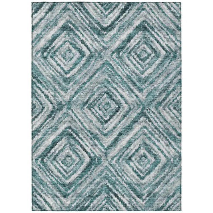 9' X 12' Teal Blue Aqua And Gray Geometric Washable Indoor Outdoor Area Rug