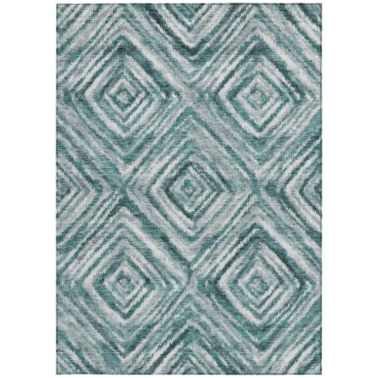 9' X 12' Teal Blue Aqua And Gray Geometric Washable Indoor Outdoor Area Rug