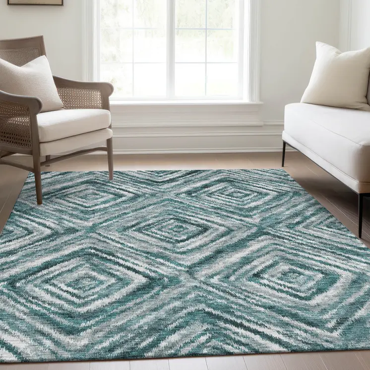 9' X 12' Teal Blue Aqua And Gray Geometric Washable Indoor Outdoor Area Rug