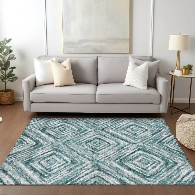 9' X 12' Teal Blue Aqua And Gray Geometric Washable Indoor Outdoor Area Rug