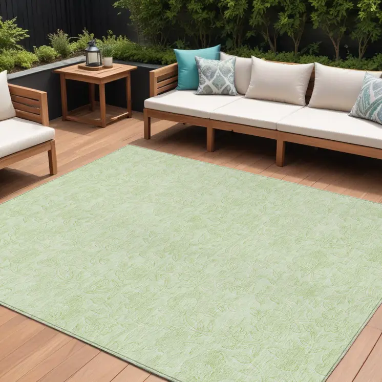 10' X 14' Artichoke Green And Mint Green Floral Washable Indoor Outdoor Area Rug