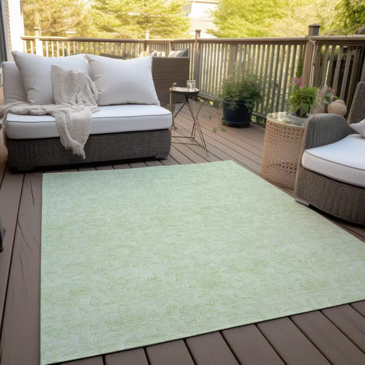 10' X 14' Artichoke Green And Mint Green Floral Washable Indoor Outdoor Area Rug