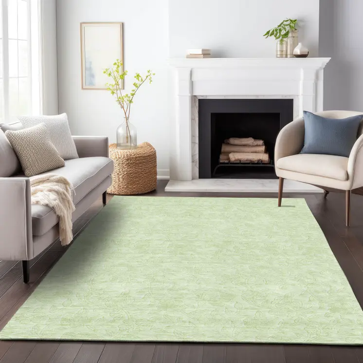 10' X 14' Artichoke Green And Mint Green Floral Washable Indoor Outdoor Area Rug