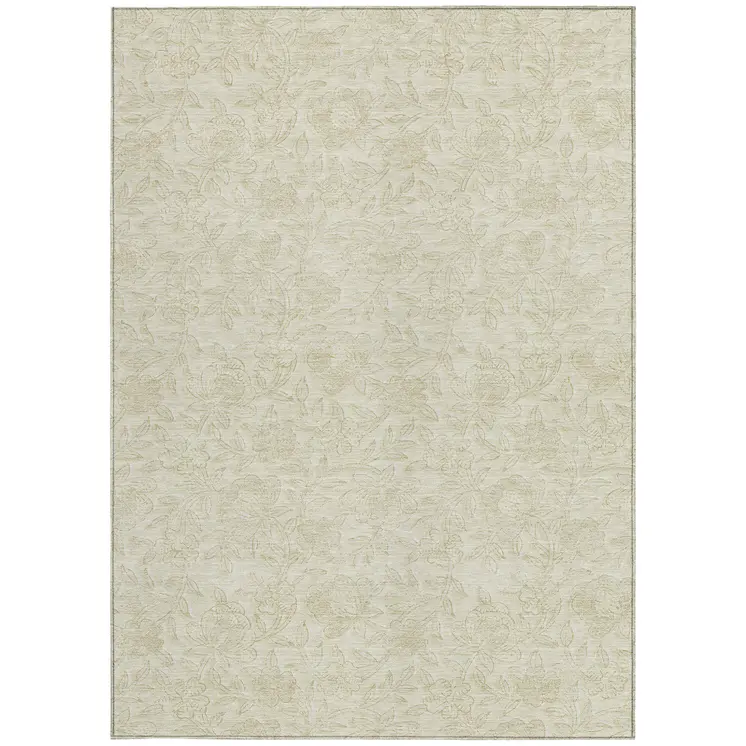 3' X 5' Ivory And Beige Floral Washable Indoor Outdoor Area Rug