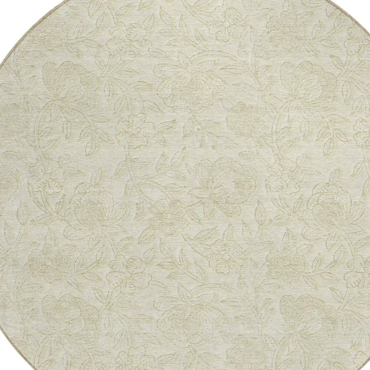8' Ivory And Beige Round Floral Washable Indoor Outdoor Area Rug