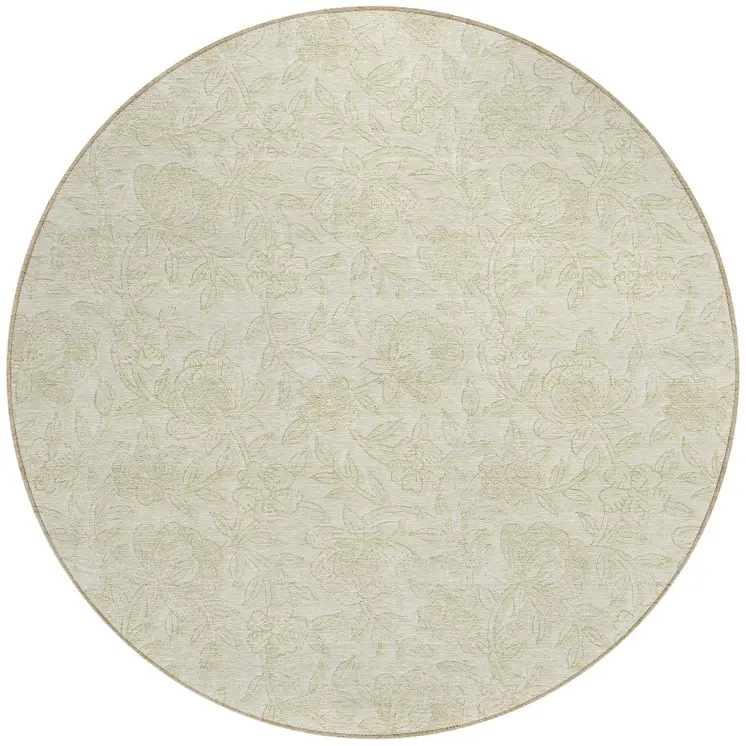 8' Ivory And Beige Round Floral Washable Indoor Outdoor Area Rug