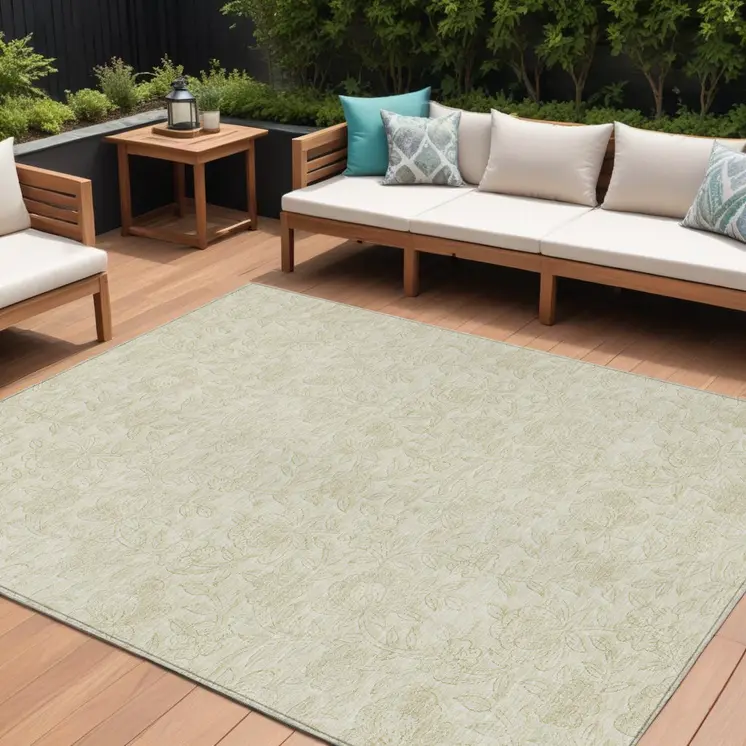 8' X 10' Ivory And Beige Floral Washable Indoor Outdoor Area Rug