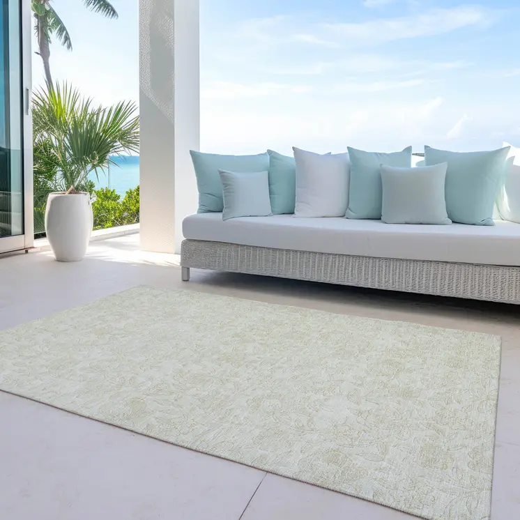 8' X 10' Ivory And Beige Floral Washable Indoor Outdoor Area Rug