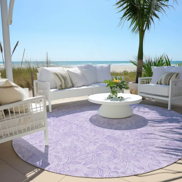 8' Lilac And Purple Round Floral Washable Indoor Outdoor Area Rug