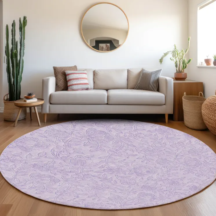 8' Lilac And Purple Round Floral Washable Indoor Outdoor Area Rug
