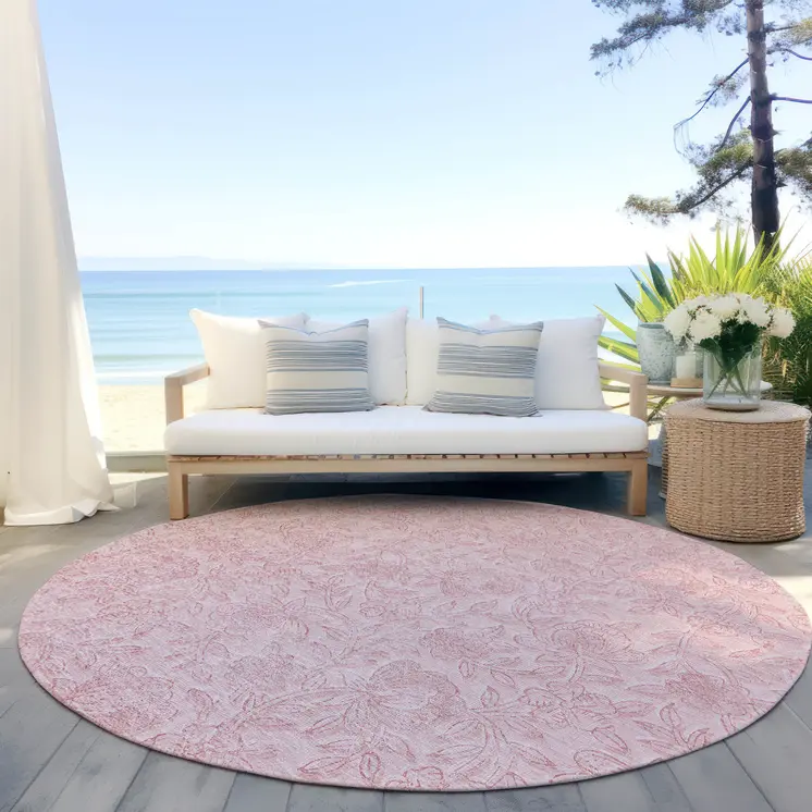 8' Pink And Red Round Floral Washable Indoor Outdoor Area Rug