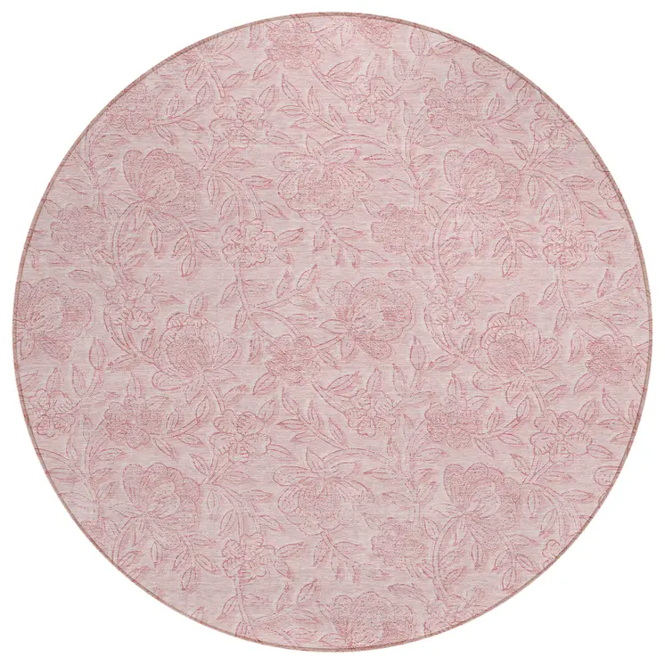 8' Pink And Red Round Floral Washable Indoor Outdoor Area Rug