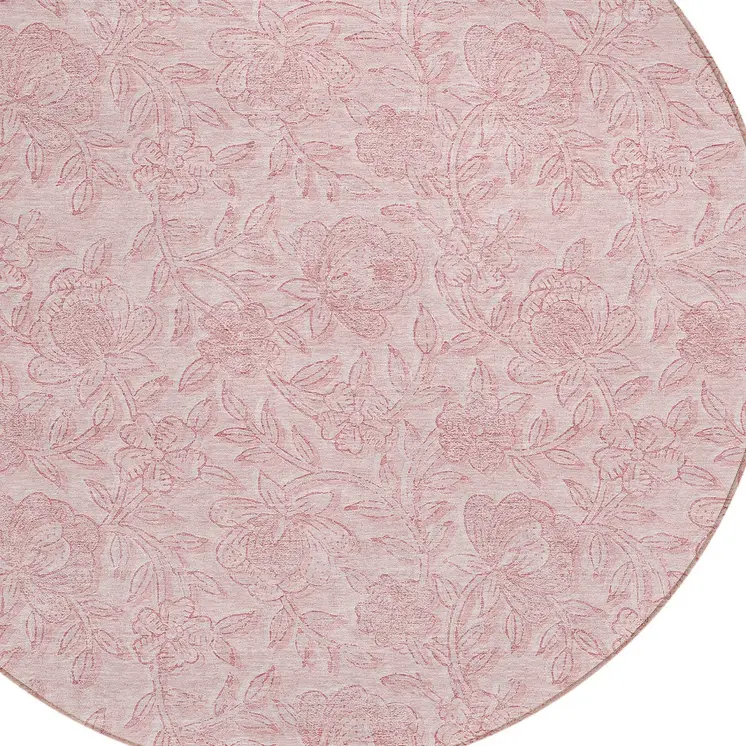 8' Pink And Red Round Floral Washable Indoor Outdoor Area Rug