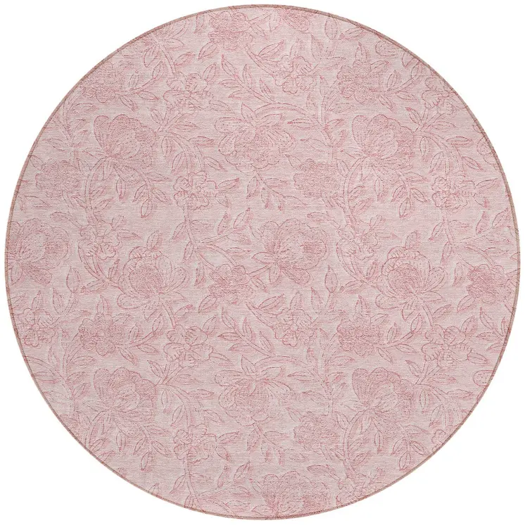 8' Pink And Red Round Floral Washable Indoor Outdoor Area Rug