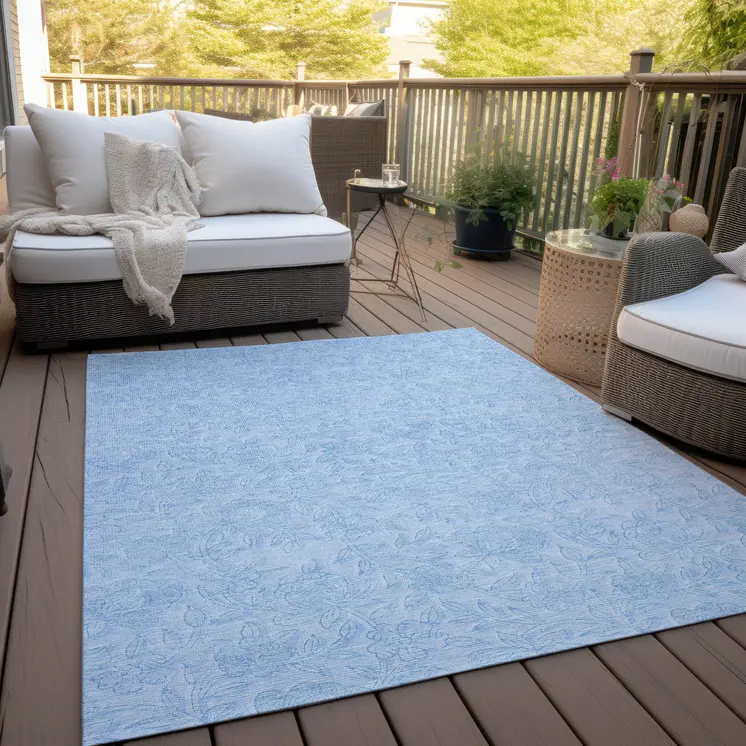 5' X 8' Sky Blue And Blue Floral Washable Indoor Outdoor Area Rug