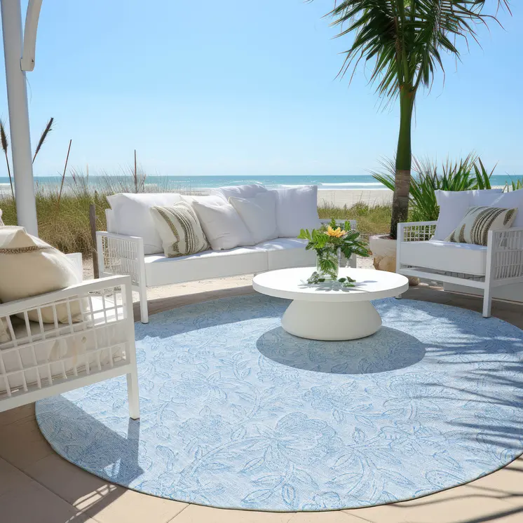 8' Sky Blue And Blue Round Floral Washable Indoor Outdoor Area Rug