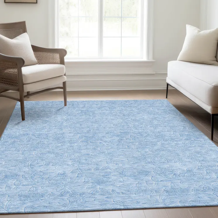 8' X 10' Sky Blue And Blue Floral Washable Indoor Outdoor Area Rug
