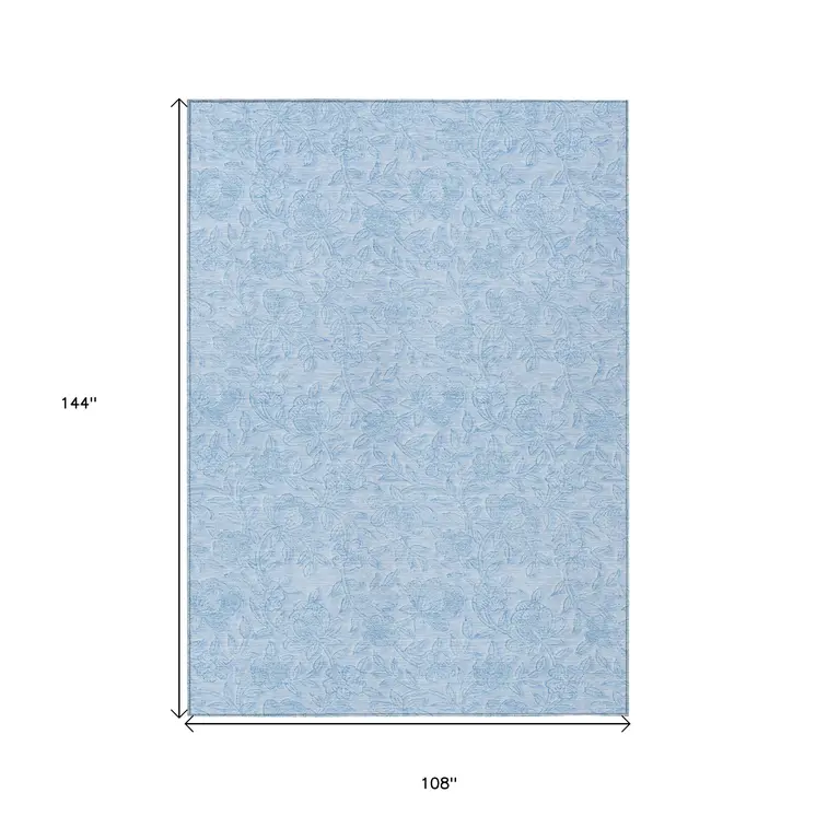 9' X 12' Sky Blue And Blue Floral Washable Indoor Outdoor Area Rug