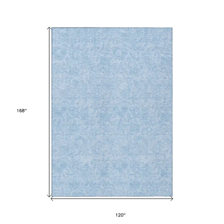 10' X 14' Sky Blue And Blue Floral Washable Indoor Outdoor Area Rug