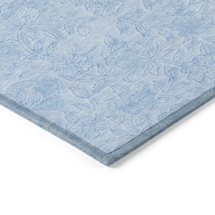 10' X 14' Sky Blue And Blue Floral Washable Indoor Outdoor Area Rug
