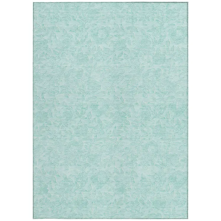 3' X 5' Teal Blue And Aqua Floral Washable Indoor Outdoor Area Rug