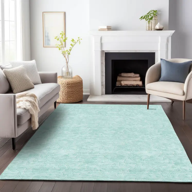 3' X 5' Teal Blue And Aqua Floral Washable Indoor Outdoor Area Rug