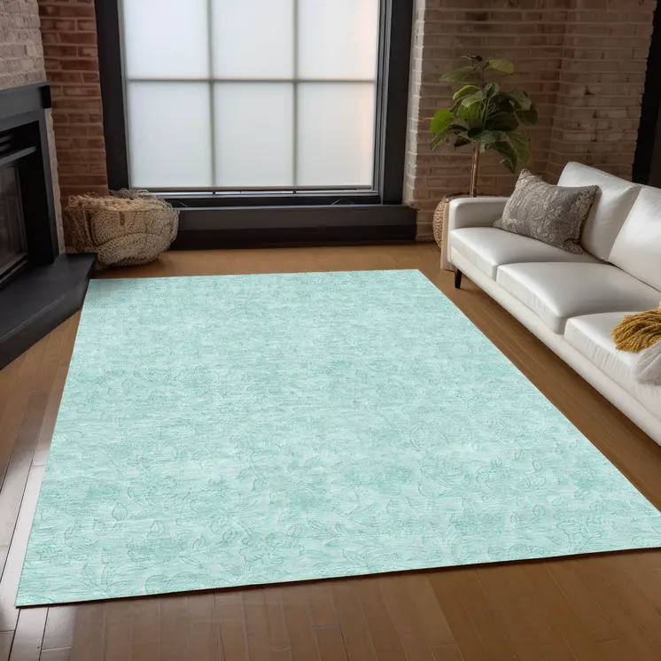 3' X 5' Teal Blue And Aqua Floral Washable Indoor Outdoor Area Rug
