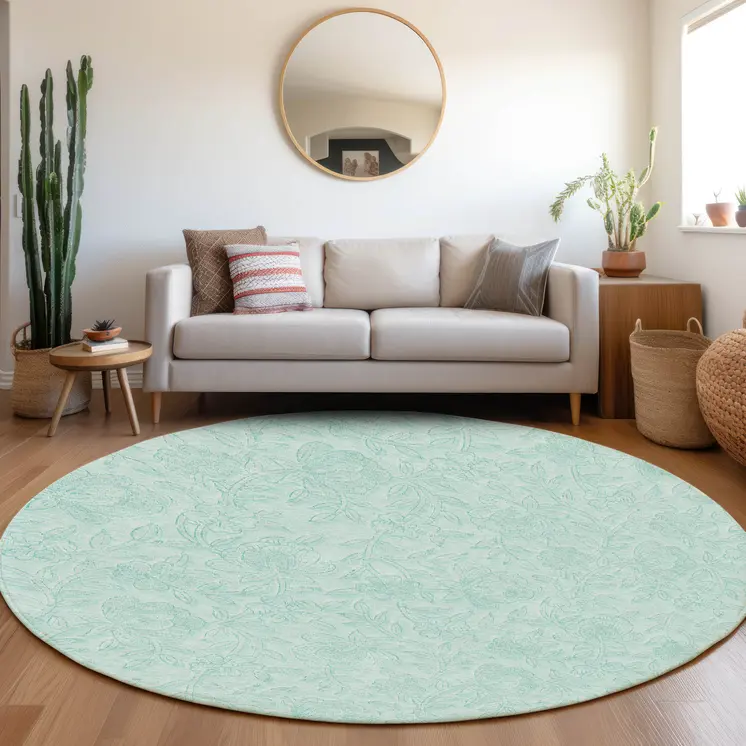 8' Teal Blue And Aqua Round Floral Washable Indoor Outdoor Area Rug