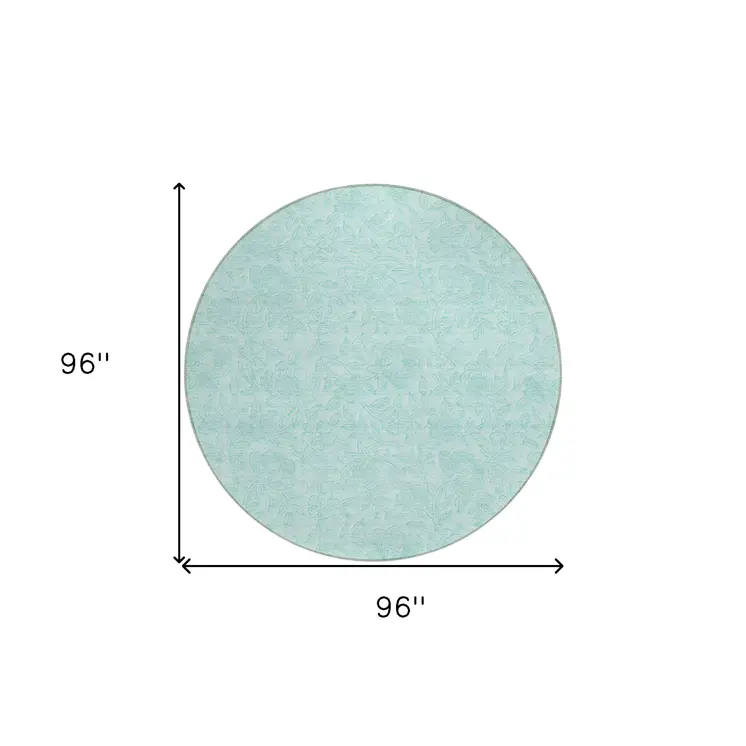 8' Teal Blue And Aqua Round Floral Washable Indoor Outdoor Area Rug