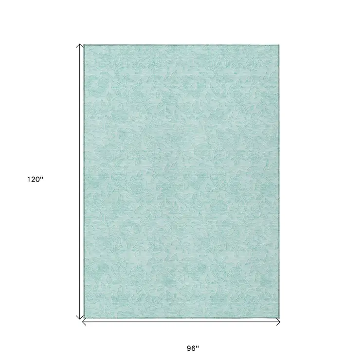 8' X 10' Teal Blue And Aqua Floral Washable Indoor Outdoor Area Rug