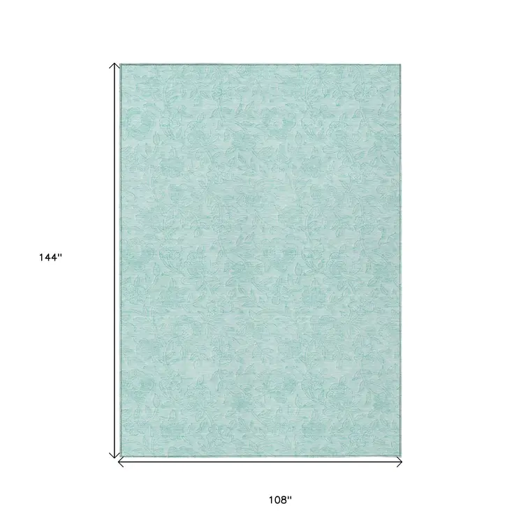 9' X 12' Teal Blue And Aqua Floral Washable Indoor Outdoor Area Rug