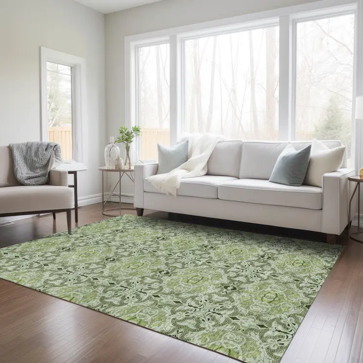 3' X 5' Artichoke Green And Fern Green Medallion Washable Indoor Outdoor Area Rug
