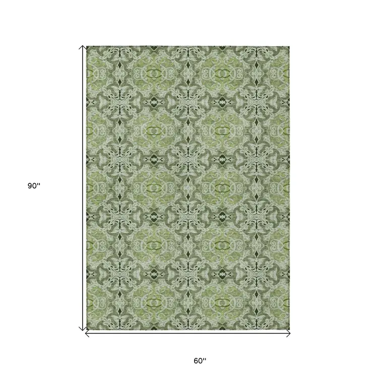 5' X 8' Artichoke Green And Fern Green Medallion Washable Indoor Outdoor Area Rug