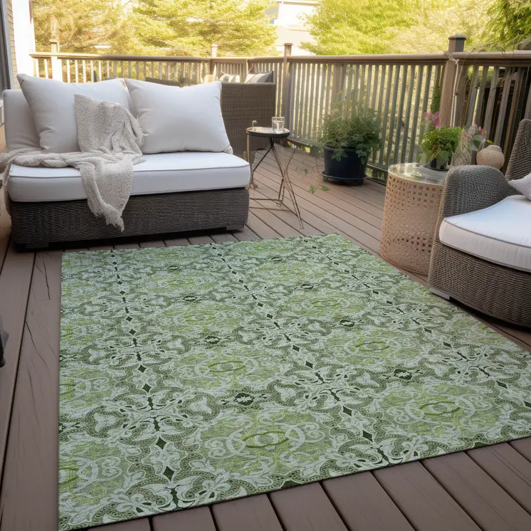 5' X 8' Artichoke Green And Fern Green Medallion Washable Indoor Outdoor Area Rug