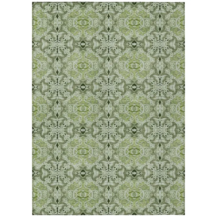 5' X 8' Artichoke Green And Fern Green Medallion Washable Indoor Outdoor Area Rug