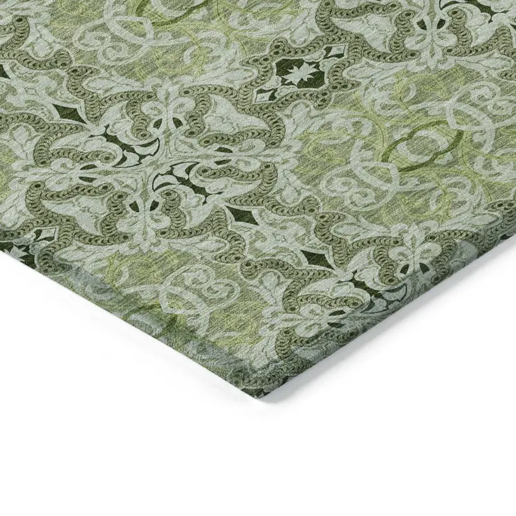 5' X 8' Artichoke Green And Fern Green Medallion Washable Indoor Outdoor Area Rug