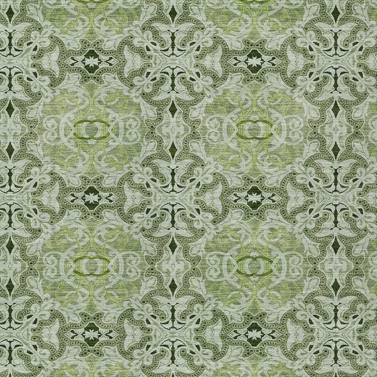 5' X 8' Artichoke Green And Fern Green Medallion Washable Indoor Outdoor Area Rug