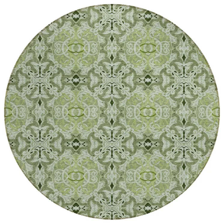 8' Artichoke Green And Fern Green Round Medallion Washable Indoor Outdoor Area Rug