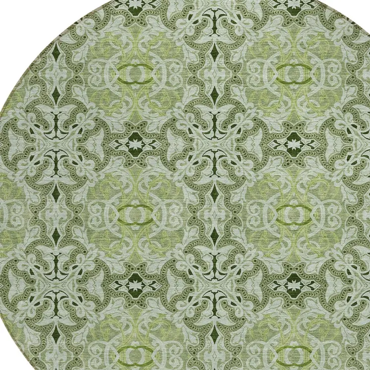 8' Artichoke Green And Fern Green Round Medallion Washable Indoor Outdoor Area Rug