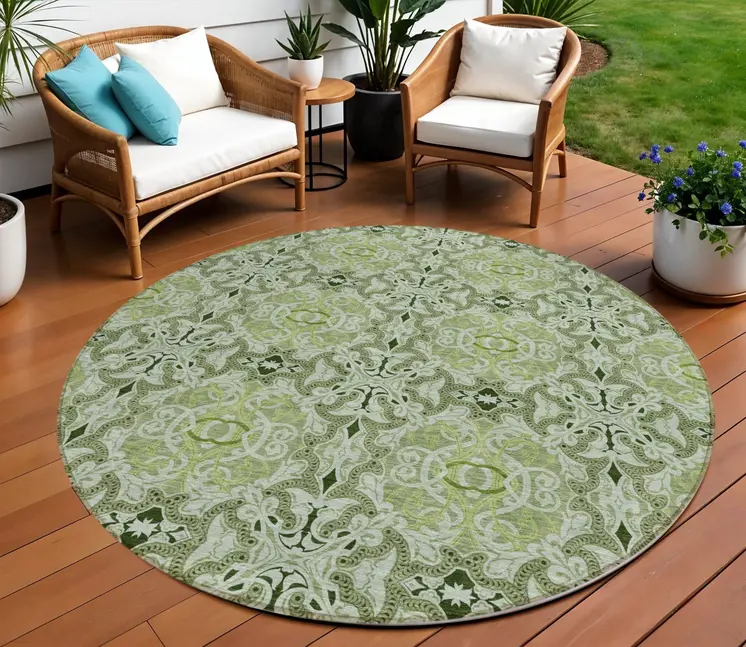 8' Artichoke Green And Fern Green Round Medallion Washable Indoor Outdoor Area Rug