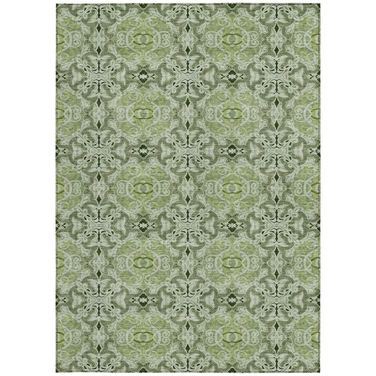 8' X 10' Artichoke Green And Fern Green Medallion Washable Indoor Outdoor Area Rug