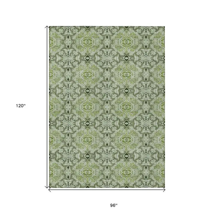 8' X 10' Artichoke Green And Fern Green Medallion Washable Indoor Outdoor Area Rug