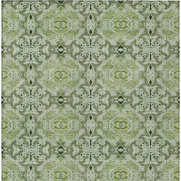 9' X 12' Artichoke Green And Fern Green Medallion Washable Indoor Outdoor Area Rug