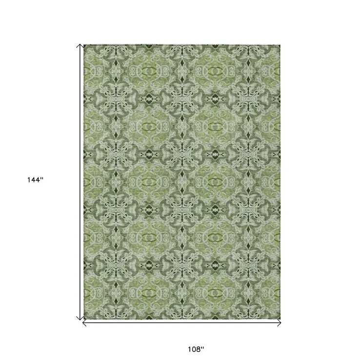 9' X 12' Artichoke Green And Fern Green Medallion Washable Indoor Outdoor Area Rug