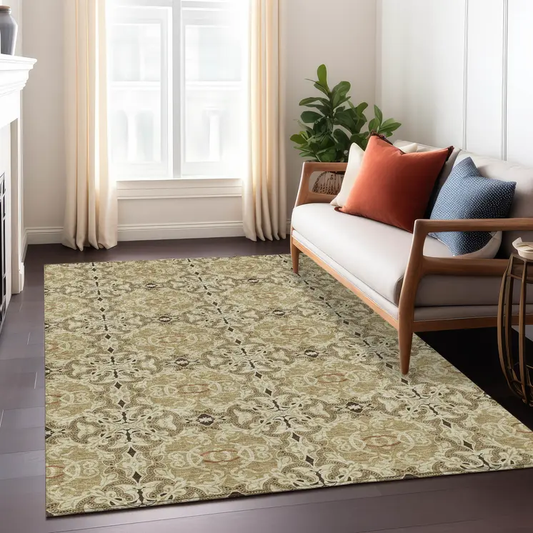 3' X 5' Brown Beige And Tan Medallion Washable Indoor Outdoor Area Rug