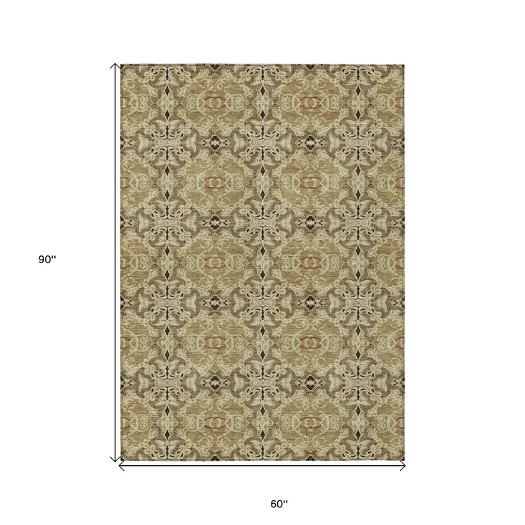 5' X 8' Brown Beige And Tan Medallion Washable Indoor Outdoor Area Rug