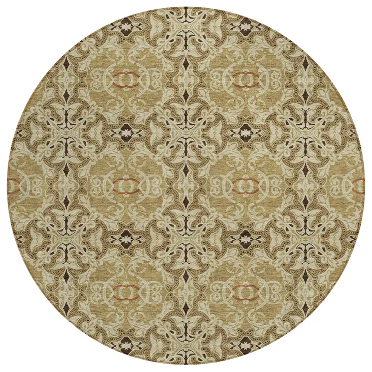 8' Brown Beige And Tan Round Medallion Washable Indoor Outdoor Area Rug