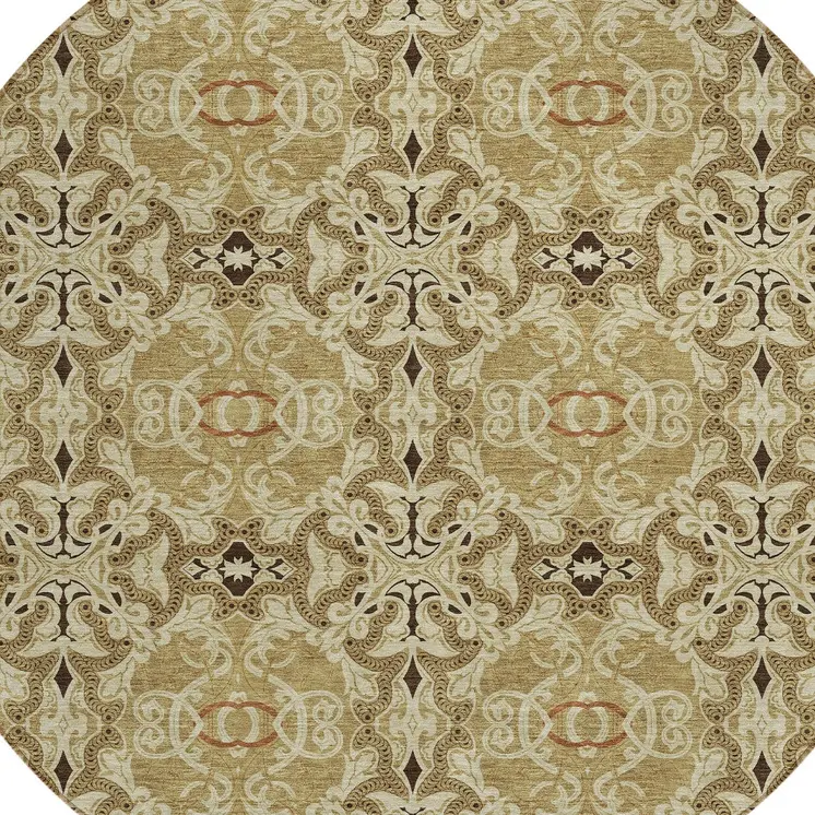 8' Brown Beige And Tan Round Medallion Washable Indoor Outdoor Area Rug